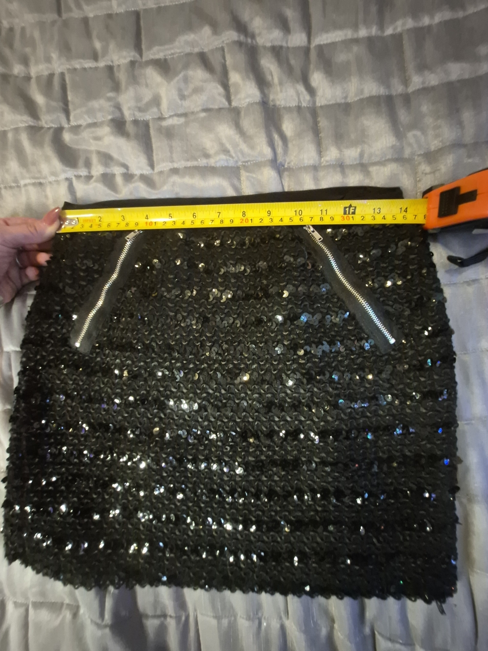Sans Souci Black Sequin Mini Skirt with Silver Zips